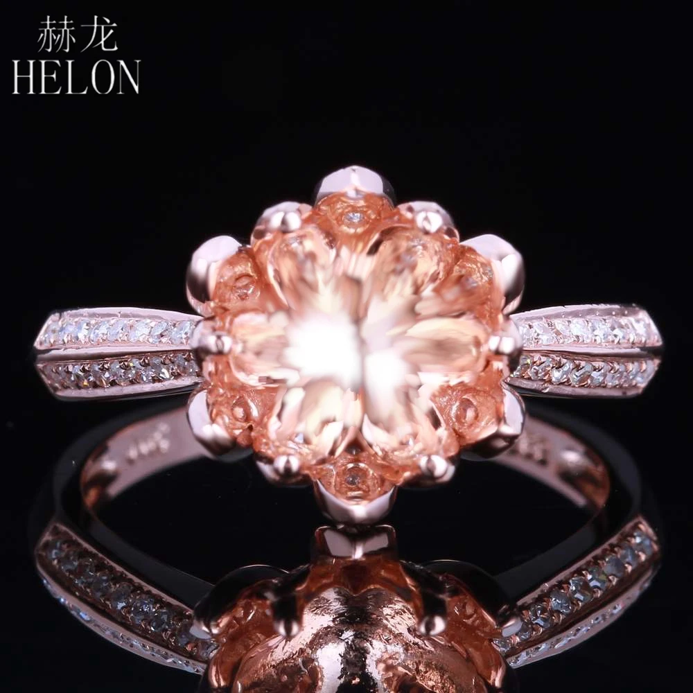 

HELON Solid 14k Rose Gold Brilliant 0.4ct Natural Diamonds Lotus Flower Fine Jewelry Semi Mount Engagement Ring Fit Round 8-9mm