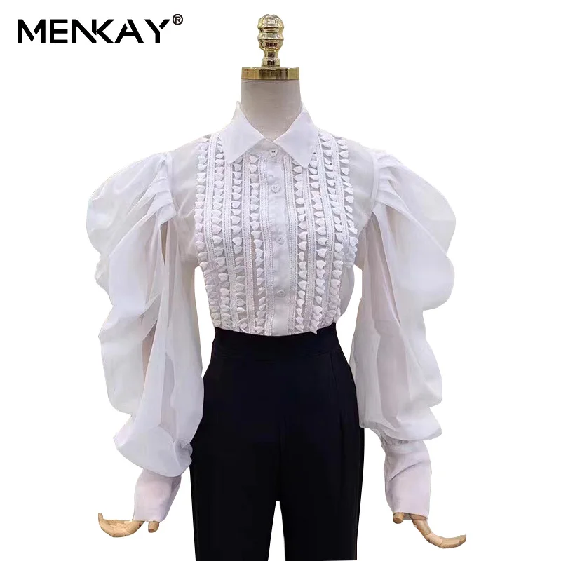 

Женская блузка с длинными рукавами-фонариками, Лоскутная сетчатая элегантная рубашка с аппликацией, отложным воротником и рюшами, 2020