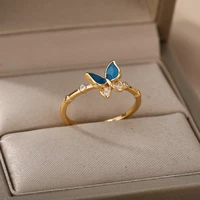 vintage blue butterfly rings for women crystal shiny zirconia blue enamel finger ring femme boho femme jewelry accessories gift