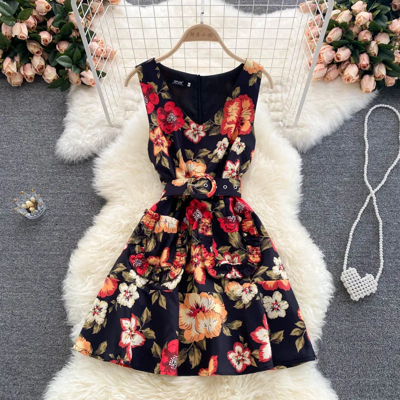 

Женское мини-платье с поясом, элегантное винтажное платье без рукавов с V-образным вырезом и цветочным принтом, лето 2022