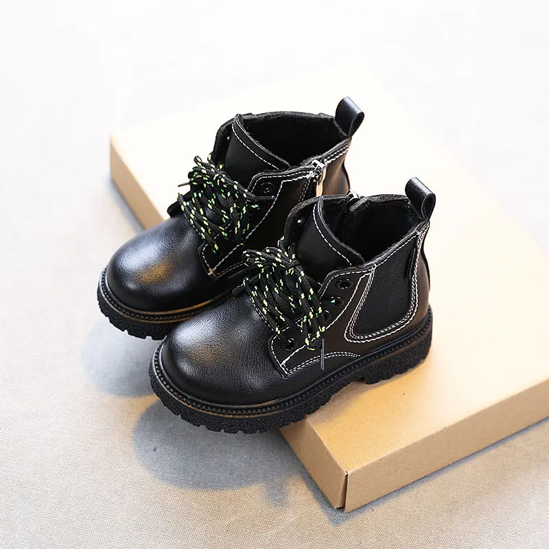 

Little Kids Short Plush Pu Boot Girl Boy Lace Up Zip Shoes 2021 Child Warm Fashion Outside Square Heel Ankle Boot Size 21-32