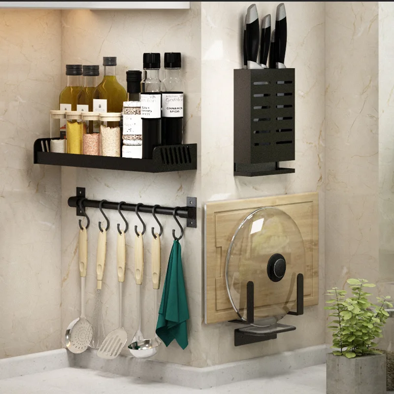 кухня Черный настенный кухонный стеллаж для хранения посуды из алюминиевого