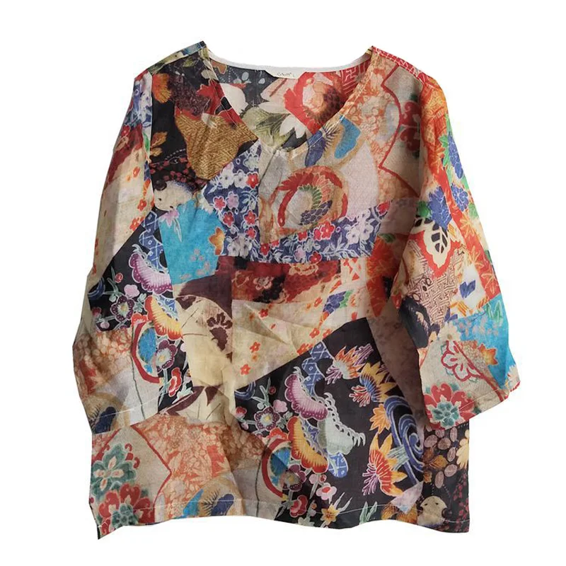 Женские льняные футболки с цветочным принтом Johnature высокое качество 10 цветов