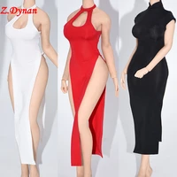 16 scale female clothes black red leopard sexy dress halter neck open chest high slit dress fit 12 large chest action doll