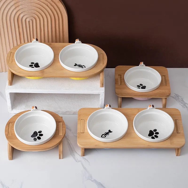 

Cartoon Pets Double Bowl Dog Cat Food Water Feeder Stand Raised Ceramic Dish Bowl Wooden Table Pet Supplies Cat Bowls