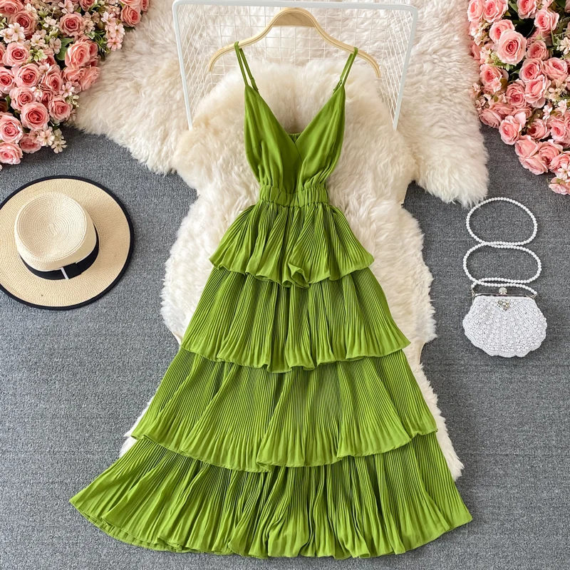 

Korobov Vintage Summer Dress 2021 New V Neck High Waist Ruffles Cake Dresses Japanese Sweet A-Line Spaghetti Strap Vestidos