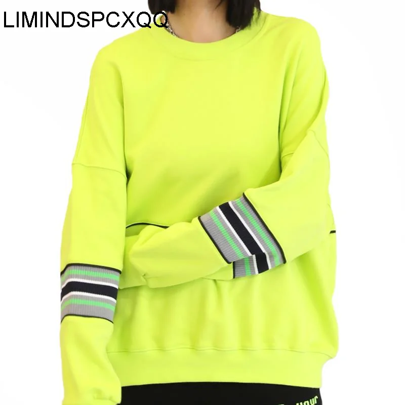 

LIMINDSPCXQQ Autumn Fluorescent Hoodies 2021 Women Striped Loose Casual Sweatshirt Punk Streetwear O-Neck Harajuku Clothing New