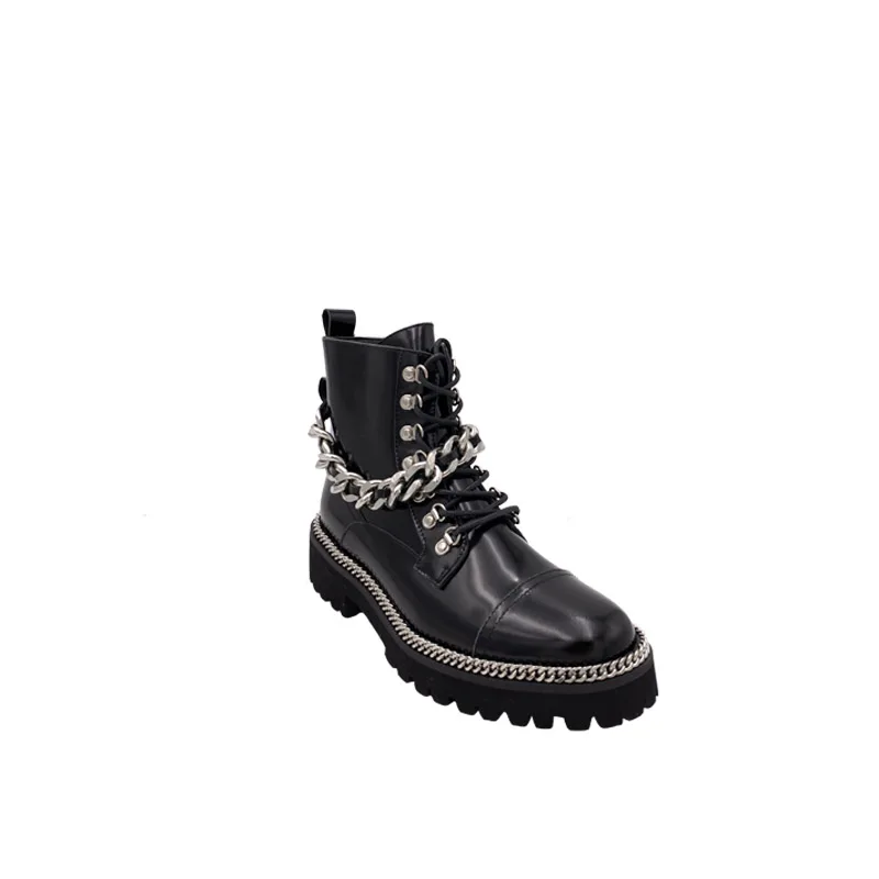 

Patent Leather Thick-soled Knight Boots Women's Winter New Leather Lace-up Ankle Boots Wild Metal Chain British Motorcycle Boots