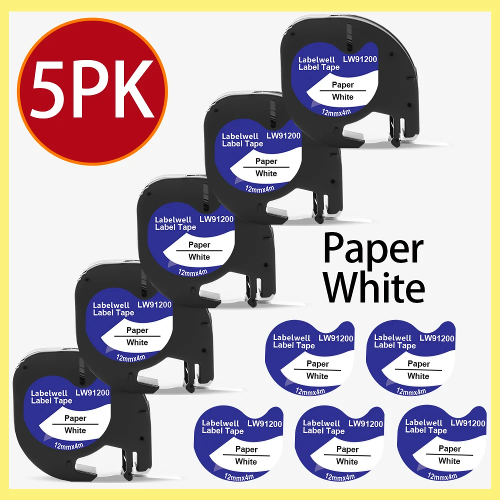 

Labelwell 1/ 3/ 5PCS Label Compatible Dymo LetraTag 91200 Black on White 12mm LT 91220 91330 Paper Label For LT100H LT110T QX50