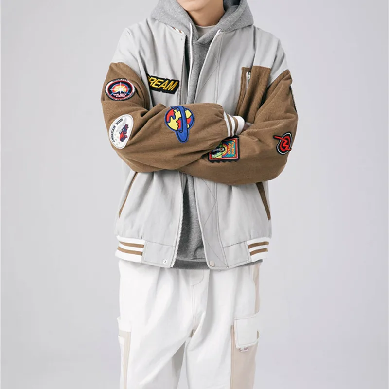 

Spring American Fashion Bomber Jacket Men Loose Patch Tooling Jacket Baseball Uniform Tops Men and Women