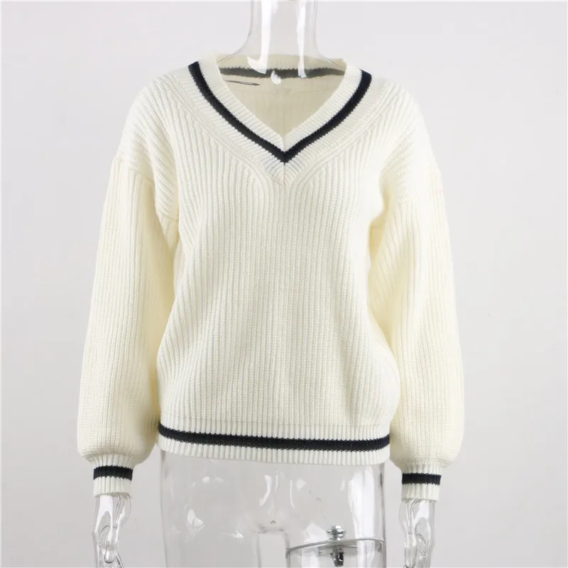 

Spring/Autumn V-neck Loose Long Youth College Wind Long Sleeve Oversize Casual Elegant Knitted Sweater Light Ripening Pullover