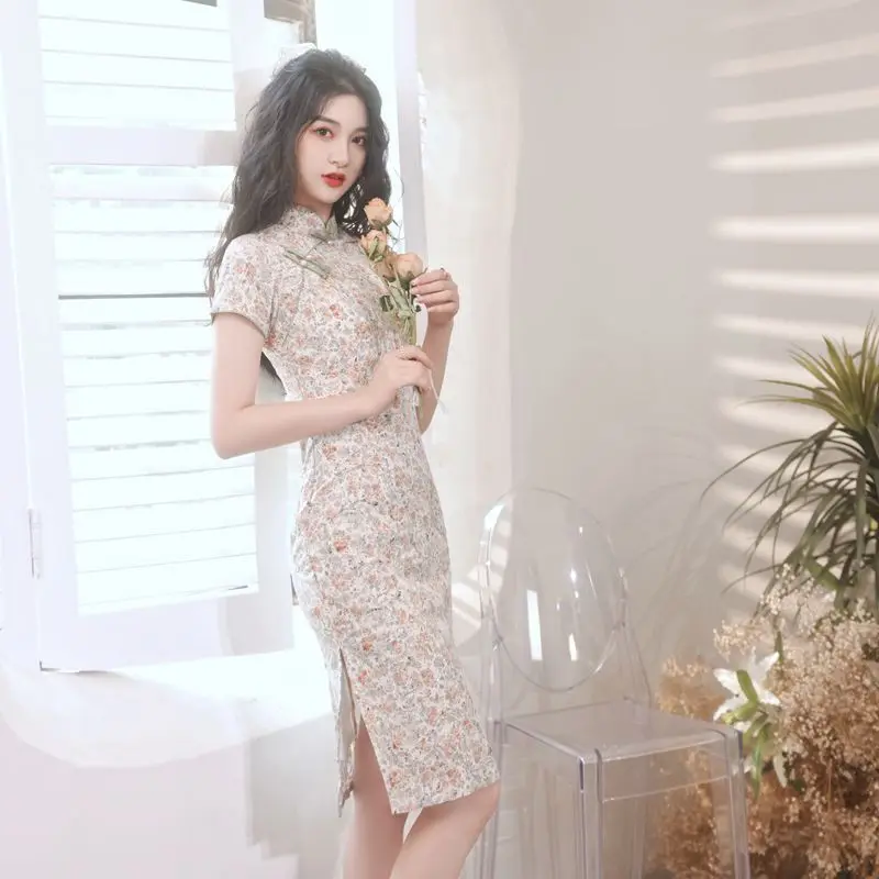 Женское шифоновое платье-Ципао с цветочной вышивкой на пуговицах | Тематическая