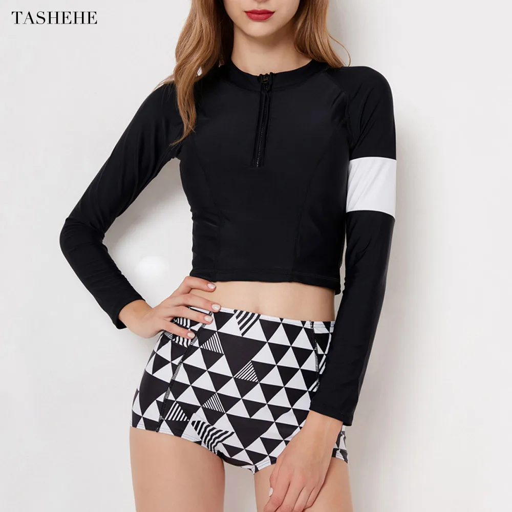 Сексуальный купальник с длинным рукавом 2018 высокой талией женский из двух частей