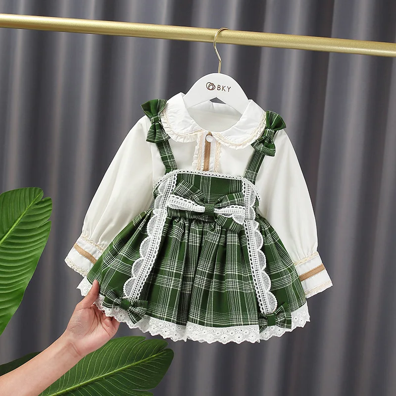 

Girls Clothing Set Peter Pan Collar Elegant Shirt+Plaid Baby Dress 2pcs/set Suits Children Birthday Party Clothes Sets 1-5Y