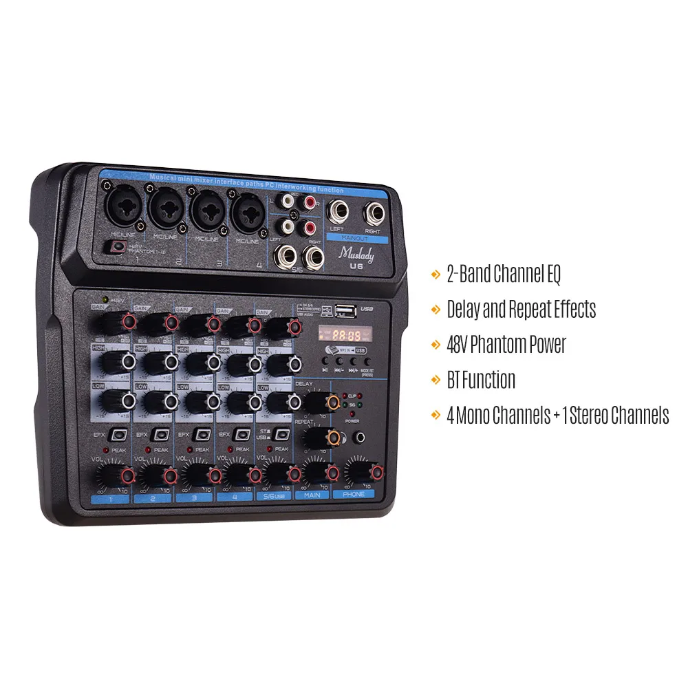 Музыкальный Мини миксер Muslady U4/U6 6 каналов аудиомиксеры BT USB микшерная консоль со