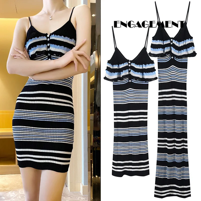 

ENGAGEMENT 2021 woman Knitted suspender dress elastic sleeveless holiday wind ocean stripe temperament long skirt