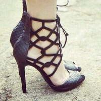 brand women shoes snake skin fish mouth high heels sandals ankle lace up genuine leather pumps summer gladiator sandalias mujer