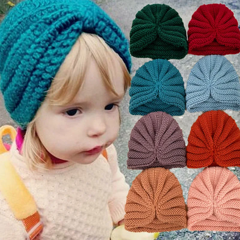 Зимняя Вязаная Детская шапка-тюрбан однотонная детская шапка для мальчиков и