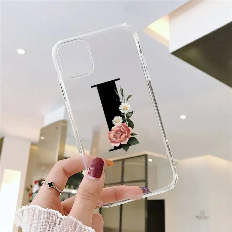 

Alphabet Letter Flower Phone Case Transparent for iPhone 6 7 8 11 12 s mini pro X XS XR MAX Plus SE cover funda