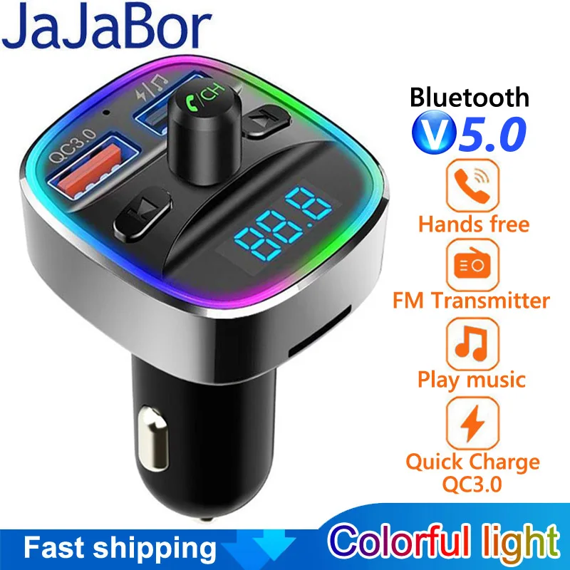 

JaJaBor FM передатчик цветной светильник 2 USB быстрая зарядка QC3.0 автомобильное зарядное устройство FM модулятор Bluetooth-совместимый автомобильный комплект громкой связи