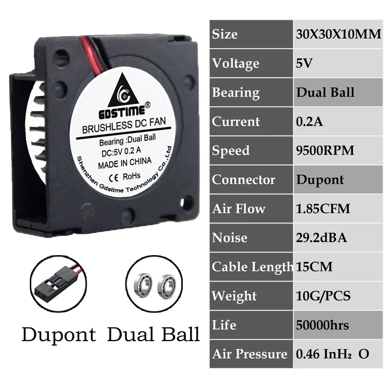 0.2A3010B5VDupont 2 шт. Gdstime DC 5 в 12 В 24 в 30x30x10 мм рукав двойной шар 1 дюймов маленький мини вентилятор охлаждения 30 мм x 10 мм 3 см 3010 3d принтер - Цвет лезвия: 0.2A3010B5VDupont