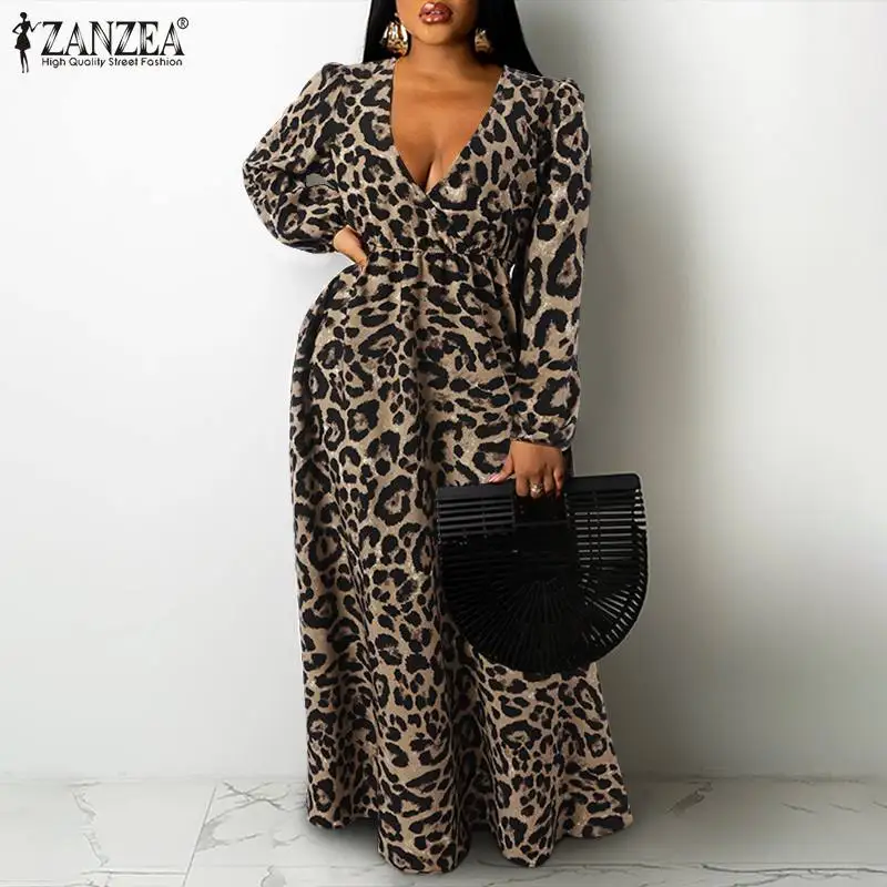 

ZANZEA Bohemian Maxi Dress Women Leopard Printed Floor Kaftan 2021 Autumn Party V Neck Robe Longue Holiday Elegant Robe Dresses