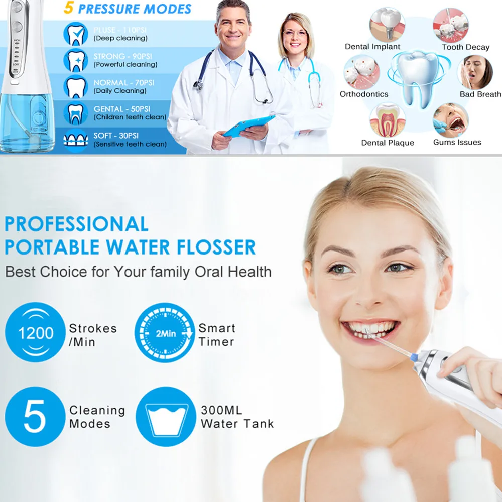 5 Modes Oral Irrigator USB Rechargeable Water Floss Portable Dental Flosser Jet 300ml Teeth Cleaner+8 | Бытовая техника