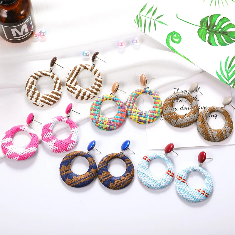 1 пара новые серьги из рафии коричневые и разноцветные Круглые Кольца плетеные