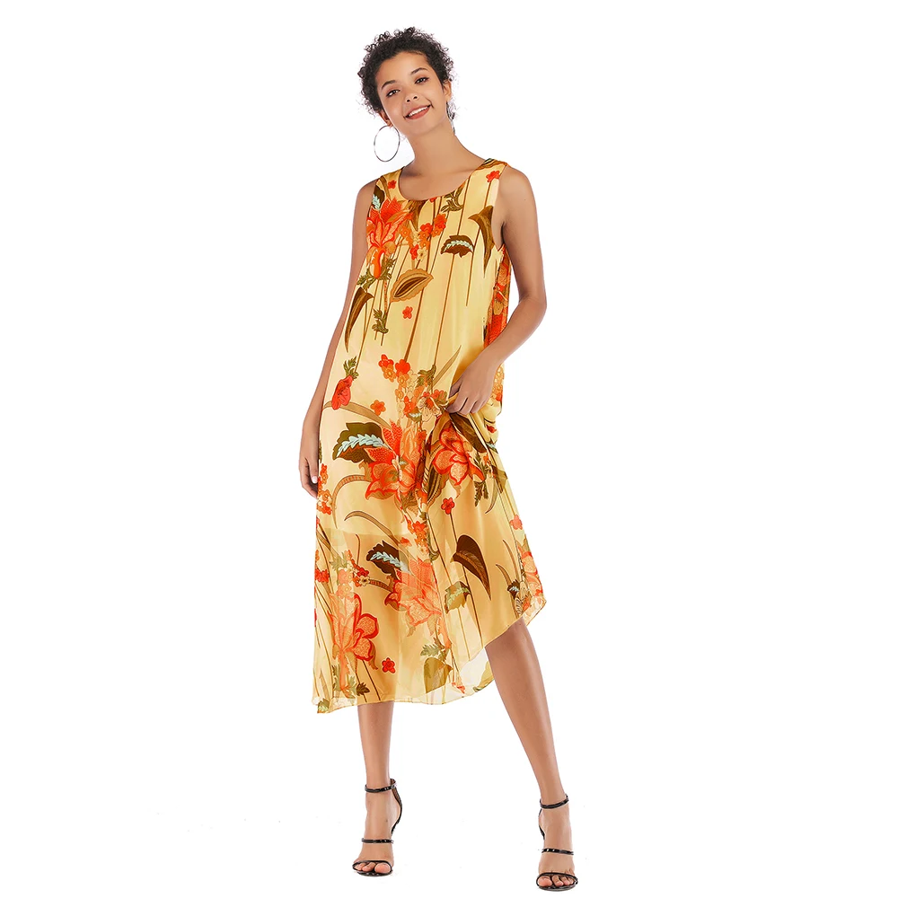

Summer Women Chiffon Dresses O Neck Sleeveless Floral Print Dress Beach Holiday Long Loose Boho Sundress Female Vestido