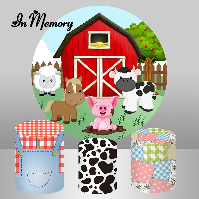 

InMemory Cartoon Animals Farm Theme Round Backdrop Cover Red White Plaid Kids 1st Birthday Party Background Plinth Covers