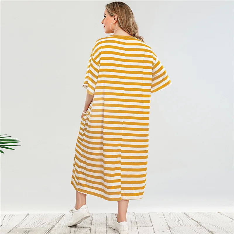 

Spring Autumn Oversized Loose Cartoon Pocket Mid-length Dress Simple Casual Short Sleeve Striped Large Size Women's Home Service