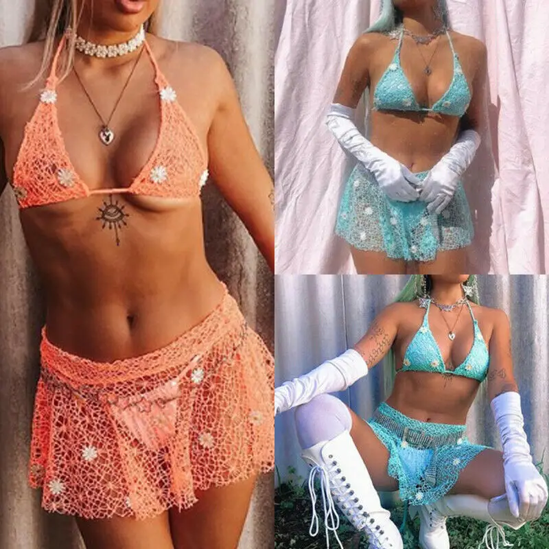 Women Monokini Swimsuit Lace Crochet Flower Bikini Skirt Push Up Bathing Suit Beach Swimwear Summer Only Skirts | Женская одежда