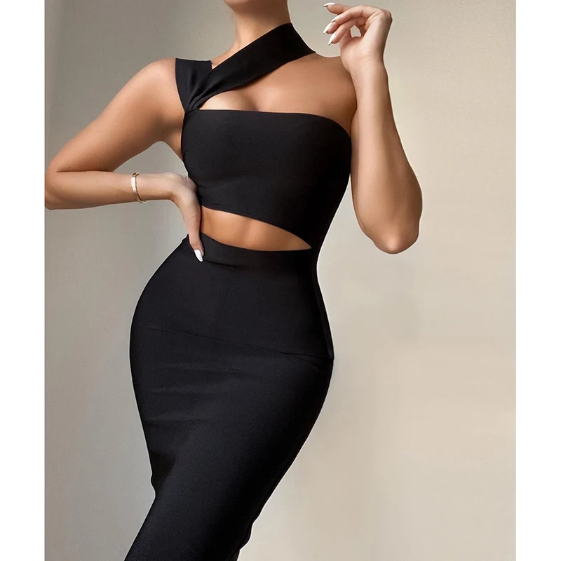 

Sexy Halter Hollow Out Women Party Dress Vestidos Summer 2021 Solid Casual Slim Femme Robe Longue One Shoulder Nightclub HD8363