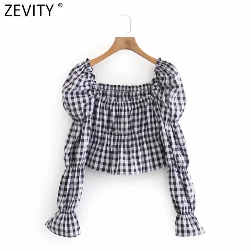 

Zevity New Women Vintage Square Collar Plaid Print Short Slim Smock Blouse Female Puff Sleee Pleat Shirt Chic Blusas Tops LS9034