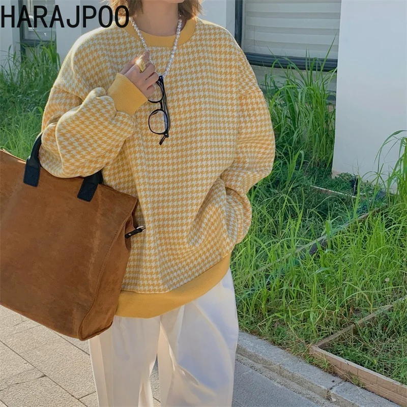 

Пуловер Harajpoo женский утепленный в клетку, Осень-зима 2021, новинка, корейский мягкий свободный Женский свитшот с круглым вырезом, милый желтый...