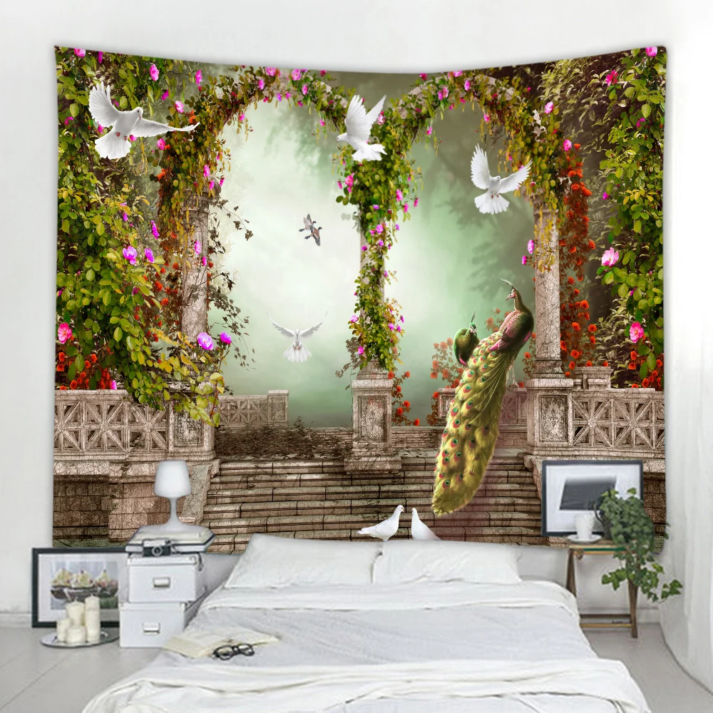 Гобелен с павлином настенный декоративный гобелен в стиле бохо римская колонна