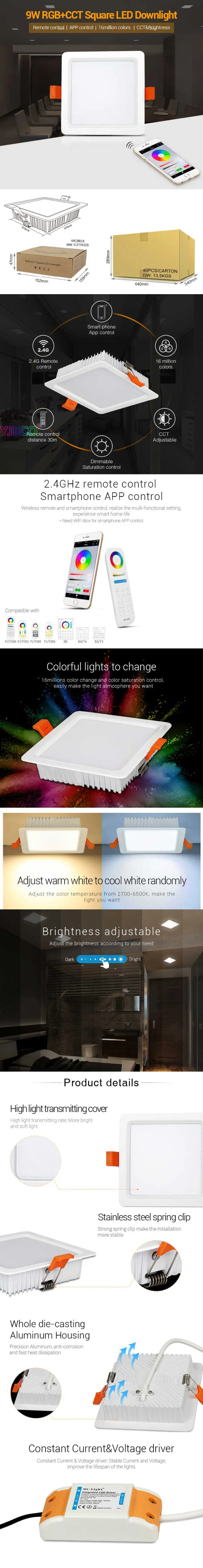 Milight FUT063 FUT064 RGB+ CCT светодиодный светильник Blubs 6 Вт 9 Вт круглый квадратный светодиодный потолочный светильник из алюминия светодиодный прожектор для гостиной