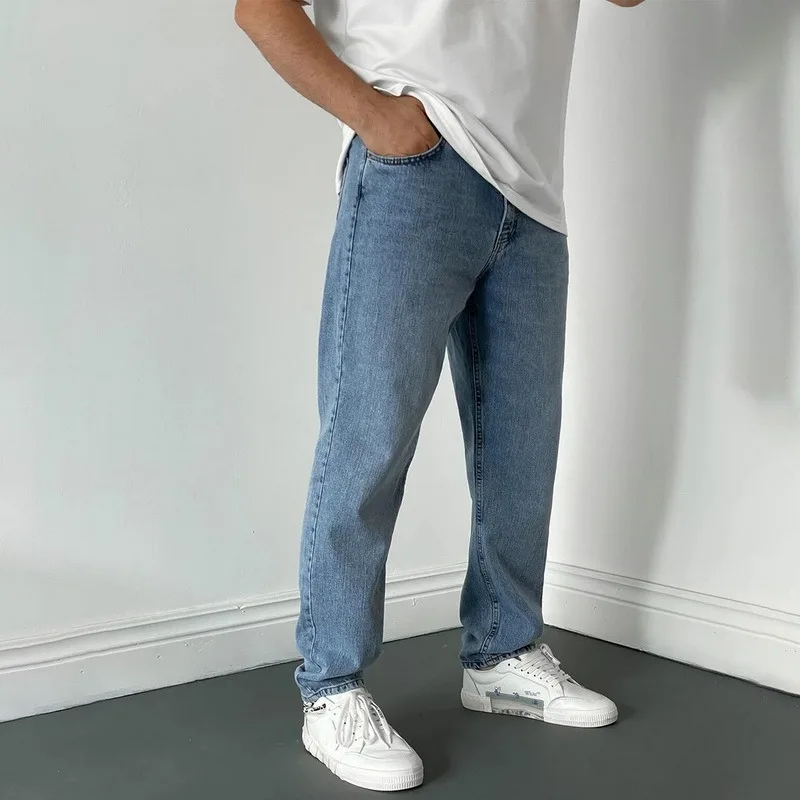 

Джинсы мужские однотонные, полной длины, прямые свободные универсальные модные мешковатые брюки в стиле панк, ретро, шикарные ковбойские шт...