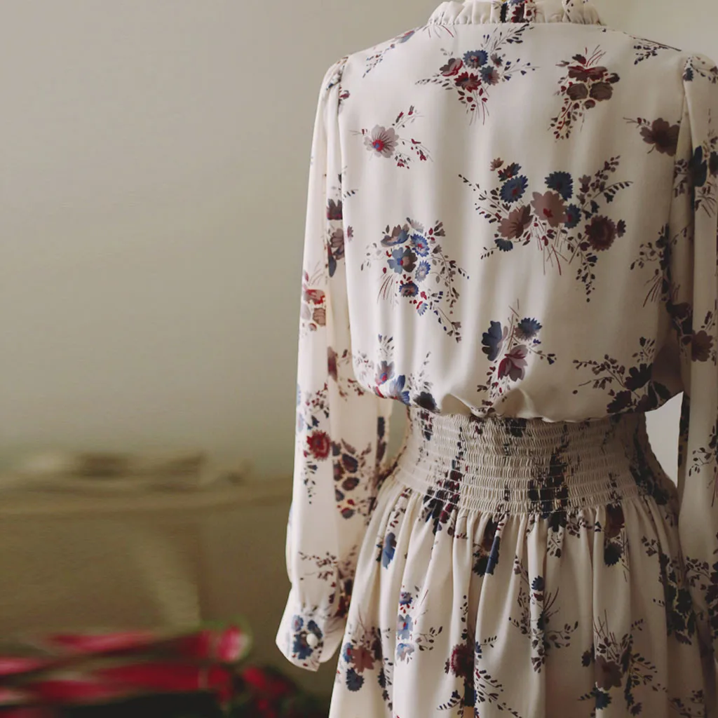 Женское винтажное платье с бантом свободное в горошек длинным рукавом поясом на