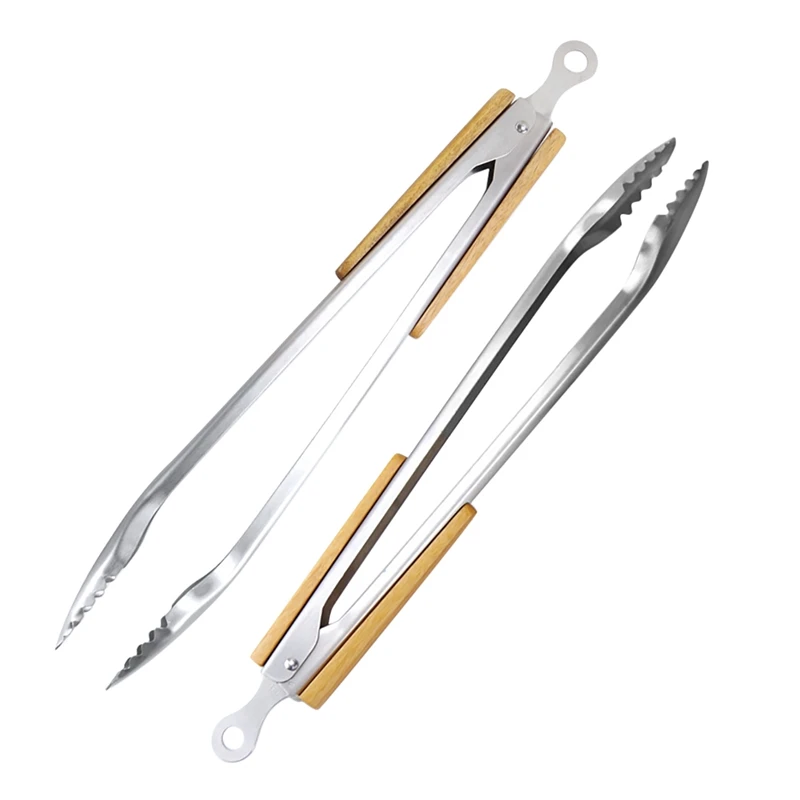 

Stainless Steel Extra Large Food Clip Wooden Handle Bamboo Handle Barbecue Clip Kitchen Cooking Barbecue Accessories
