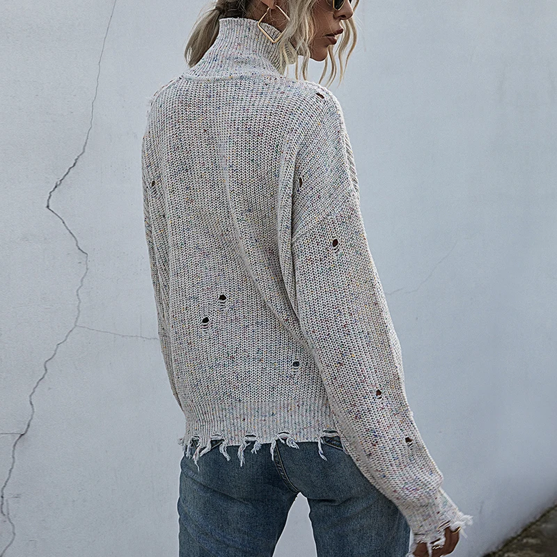 

Winter Off Shoulder Pullover Jumpers Casual Hole Women's Sweaters Long Sleeve Turtleneck Sweater Losse Knitted Sweaters 2021 New