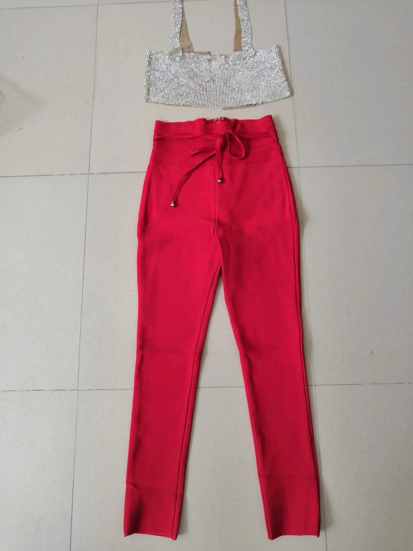 gold top red pant Комплект знаменитостей из 2 предметов: яркий черный топ высокого качества, бандажный комплект из вискозы, комплект для вечеринок в ночном клубе - Цвет: gold top red pant