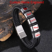 custom name engraved black braided leather bracelets bangles for men handmade fashion male wristband punk hiphop jewelry kz1166