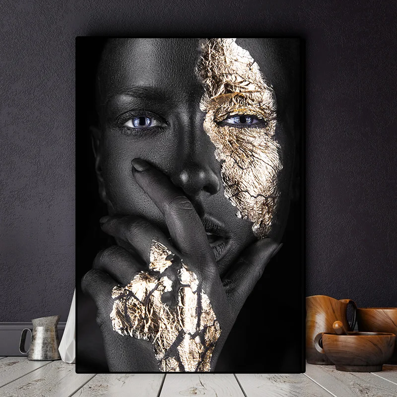 

African Art Black and Gold Woman Canvas Oil Painting Poster Wall Print Scandinavian Decorative Picture Gallery Parlor Home Decor