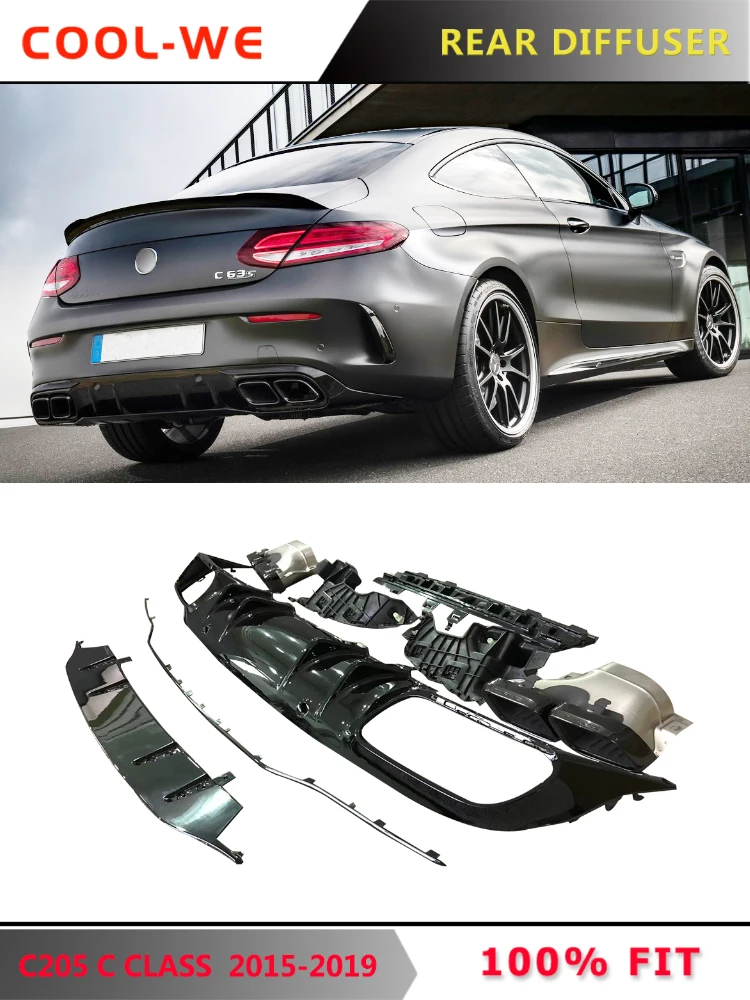 2 двери W205 C205 Coupe C63 Для AMG стиль задний диффузор бампер для губ с выхлопной Mercedes Benz C