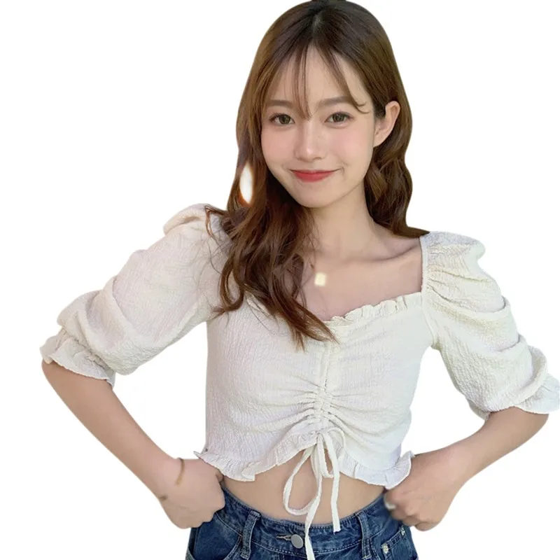 

Five-Sleeved Shirt Tops Summer Women Shirts Slash Neck Casual Version Sweet Sexy Exposed Navel Tops Solid Color