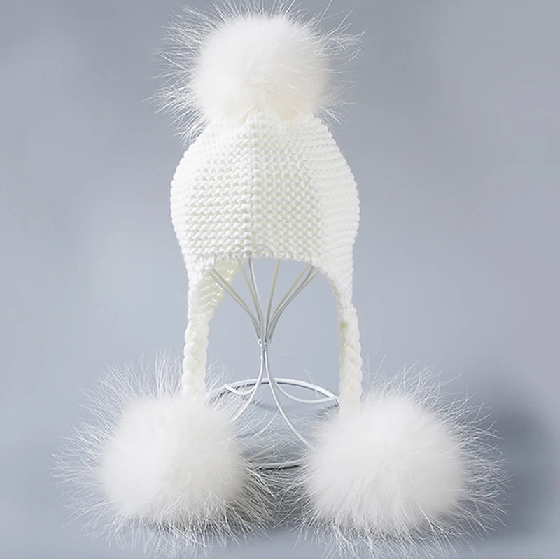 Детская шапка с помпоном из меха енота милая натурального для мальчиков и