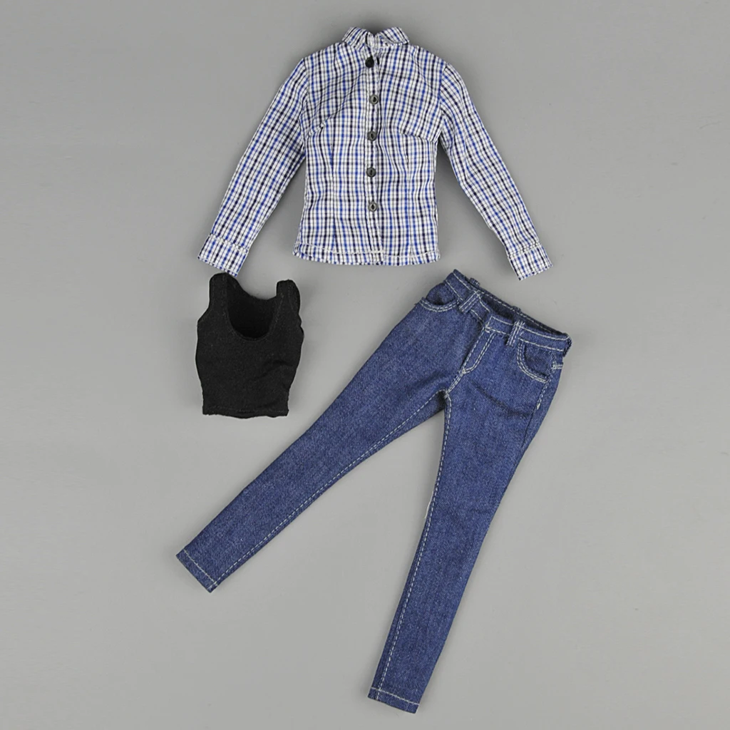 

Miniature 1/6 Scale Plaid Shirt Jeans Set Figure Accessories Set