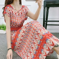 womens dress womens summer national wind cotton silk floral dress seaside holiday fairy plus size printed vest mid length
