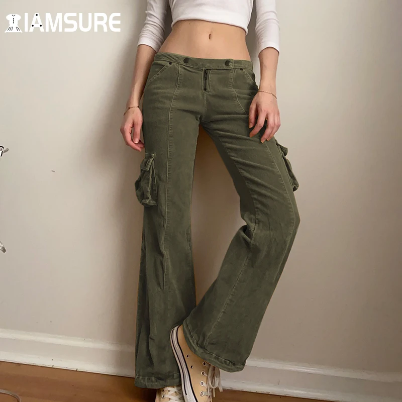 

IAMSURE Vintage Solid Pockets Corduroy Pants Mid Waisted Flare Pants Women 2021 Fashion Streetwear Casual Autumn Winter Trousers